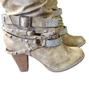 Not Rated Rhinestone & Studded Strappy Slouch Boots - Tan / Taupe - Size 10